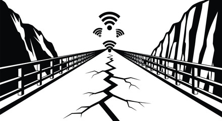 A cracked and broken bridge symbolizing a disrupted connection, with Wi-Fi signals leading towards an uncertain future.