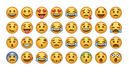 Many different round faces show a range of emotions as they smile and cry.