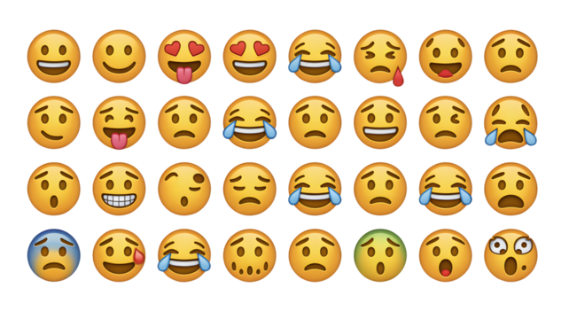 Many different round faces show a range of emotions as they smile and cry.