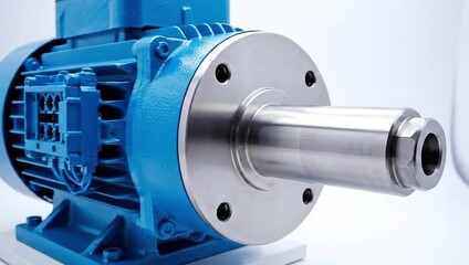 Blue industrial electric motor with a polished metal shaft, isolated on white background