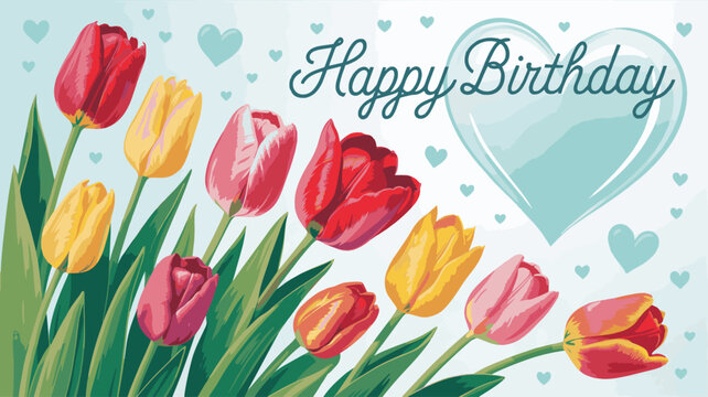 Happy birthday card featuring colorful tulips and a heartshaped balloon - Powered by Adobe