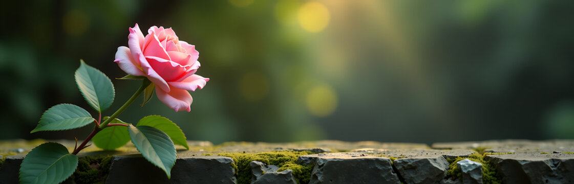 delicate rose soft pink hues set serene stone wall subtle morning light filtering