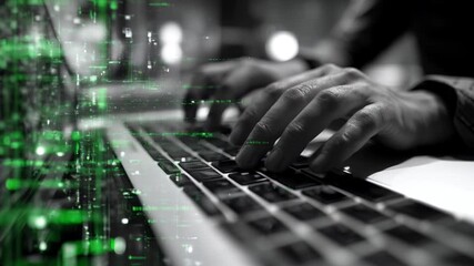 green matrix code moving downwards overlaying over hands typing on keyboard black and white style
