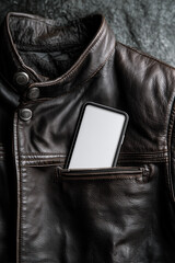 A smartphone with a blank white screen in the pocket of a man's leather jacket
