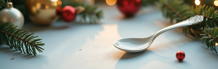 delicate white spoon rests amidst festive christmas arrangement subtle snowy new year eve backdrop softly lit