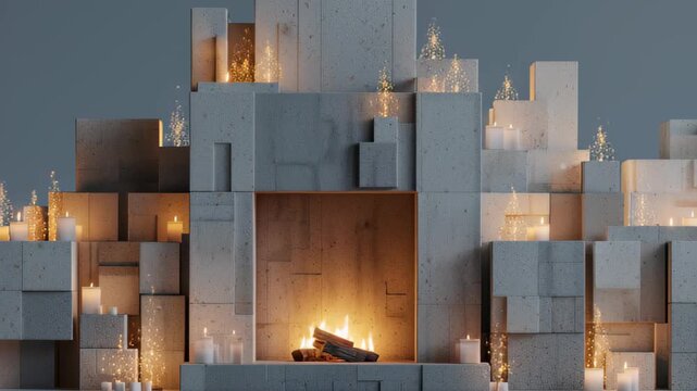 3D minimal fireplace with geometric blocks, glowing fire inside, modern festive render