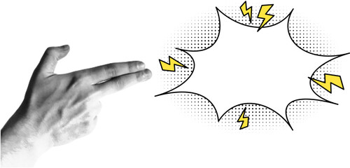 Template for retro pop art banner, empty speech bubble, explosion in a comic style. Halftone collage, hand gesture in the shape of a gun, two fingers, cut out of magazine, shot, revolver.