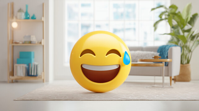 Laughing emoji with tear drop in modern living room setting for social media and online communication