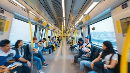 Inside a modern subway train with passengers traveling during the day - Powered by Adobe