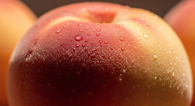 Macro View of Juicy Peach with Water Droplets, Vibrant Food Close-up