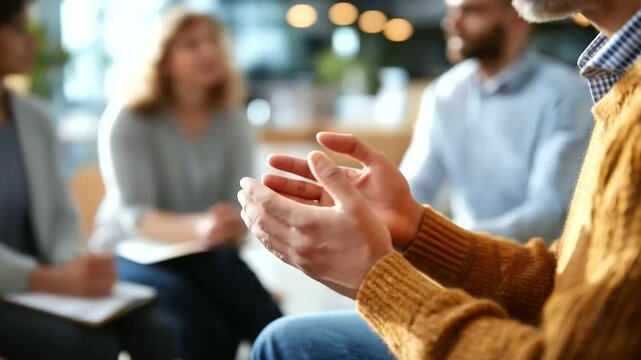 Close up of facilitator's hands gesturing during group session participants visible from behind or side faces obscured mental health group therapy faith based counseling