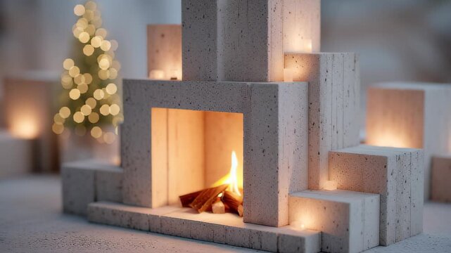3D minimal fireplace with geometric blocks, glowing fire inside, modern festive render