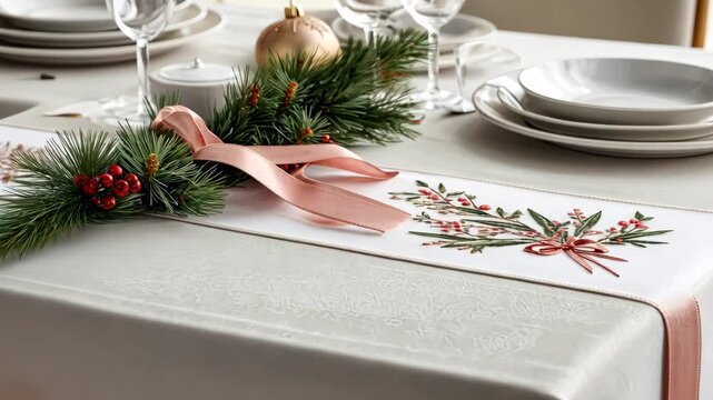 Elegant holiday table setup with festive decor and golden ornament