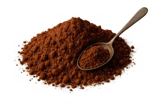 Cocoa powder heap with a spoon, showing baking ingredient and chocolate dessert preparation on transparent background