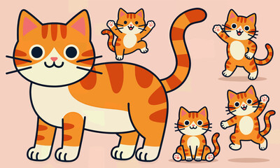 Obraz premium Cute ginger cat with playful kittens, cartoon style, isolated
