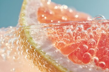 Fototapeta premium Grapefruit slice submerging into sparkling water, creating effervescent bubbles, refreshing citrus drink, enjoying a hydrating cool summer beverage, macro style