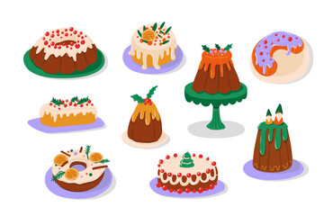 Cute Christmas Cake Set cozy holiday puddings and sweet festive desserts in vector.
