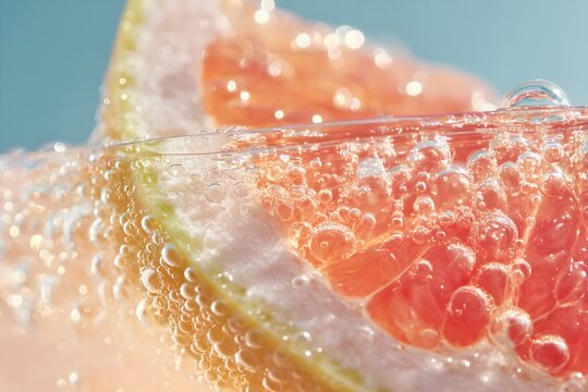 Grapefruit slice submerging into sparkling water, creating effervescent bubbles, refreshing citrus drink, enjoying a hydrating cool summer beverage, macro style - Powered by Adobe