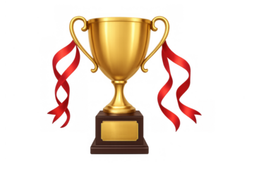 Golden champion's cup with red ribbons symbolizing victory, award, prize, and celebration of winning on a transparent background