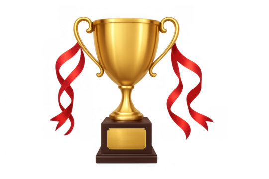 Golden champion's cup with red ribbons symbolizing victory, award, prize, and celebration of winning on a transparent background - Powered by Adobe