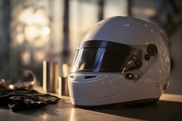 White racing helmet with a dark visor and professional driver gloves resting on a surface, illuminated by warm sunlight, representing safety, speed, and preparation in motorsport