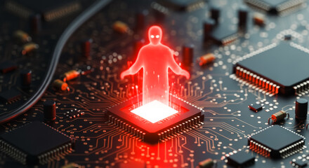 A glowing digital humanoid figure superimposed over a detailed computer circuit board, creating a futuristic, technological scene. 