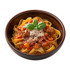 Delicious tagliatelle bolognese recipe served in a bowl with basil and cheese on transparent background