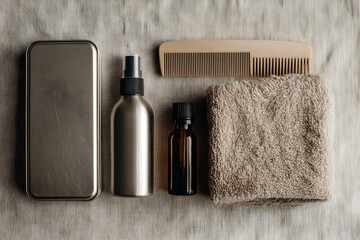 Men's grooming kit featuring sustainable personal care items including a wooden comb, metal reusable spray bottle, essential oil, and towel, promoting self-care and minimalist travel