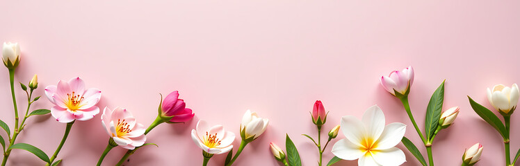 delicate arrangement fresh spring blooms tender greenery fills soft pastel pink background ample negative space