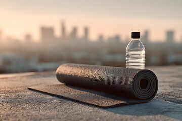 Yoga mat and water bottle ready for an outdoor fitness session on a city rooftop, embracing urban wellness and a healthy lifestyle at sunrise