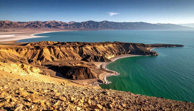 A sweeping panoramic view of a rugged desert coastline where arid, eroded cliffs dramatically meet the vibrant turquoise waters of a large body of water. - Powered by Adobe