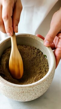 Progression of spices being mixed in a ceramic bowl with wooden spoon