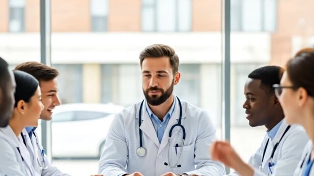 Medical team collaborating during a meeting, discussing complex patient cases together