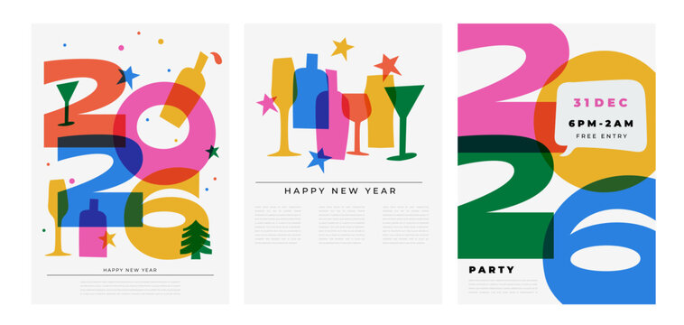 Happy New Year- 2026 . banner and card design with cocktail glass and alcohol drink. New Year, social media promotional content in bold style