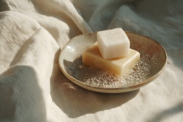 Natural hand soap bars on a rustic ceramic dish creating gentle bubbles, symbolizing organic cleansing, skincare, and sustainable bath concepts