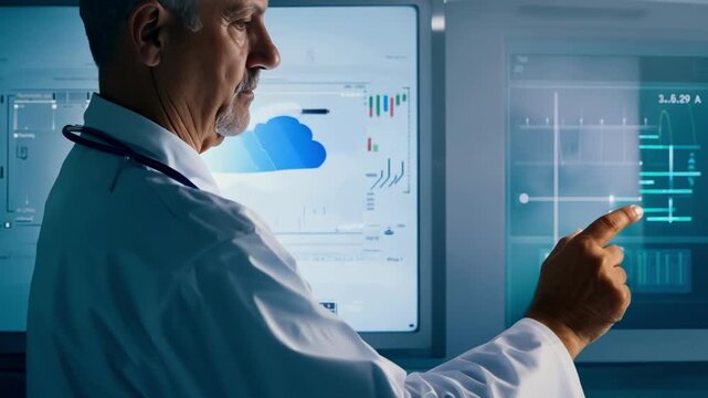 A doctor in a white coat interacts with a transparent digital display by moving his hand across charts and shifting his posture, showing focused analysis of medical data in a modern clinical workspace