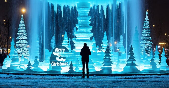 Winter scene depicts illuminated ice sculptures. Person stands observing festive display, trees, lights create magical ambiance. - Powered by Adobe