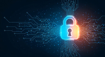 Digital padlock on a circuit board, representing cybersecurity