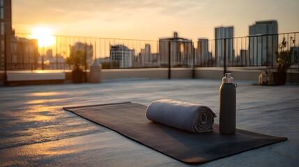 Yoga mat with rolled towel and water bottle on a city rooftop at sunrise, preparing for a morning fitness and wellness session with urban skyline views
