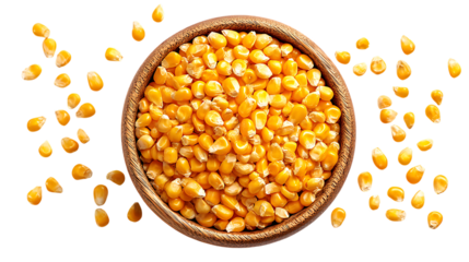 A wooden bowl filled with bright yellow corn kernels, placed perfectly centered in the frame, a few loose corn kernels scattered around the bowl.