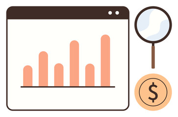 Bar chart in a browser window with magnifying glass and dollar sign icon. Ideal for analytics, finance, research, business strategy, marketing, data visualization, economic growth. Simple flat