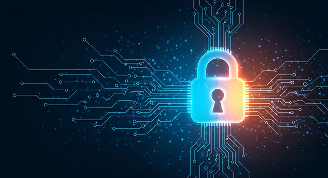 Digital padlock on a circuit board, representing cybersecurity
