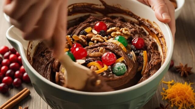 Close-Up hand stirring thick Christmas fruitcake batter in mixing bow