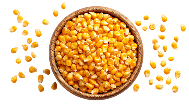 A wooden bowl filled with bright yellow corn kernels, placed perfectly centered in the frame, a few loose corn kernels scattered around the bowl.