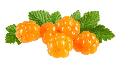 Cloudberries with Green Leaves on White Background.