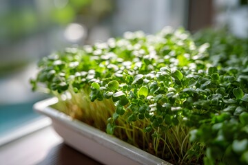 Microgreens fill a propagation tray, capturing sunlight and representing a fresh, healthy, and organic food source cultivated indoors for a wholesome and nutritious lifestyle