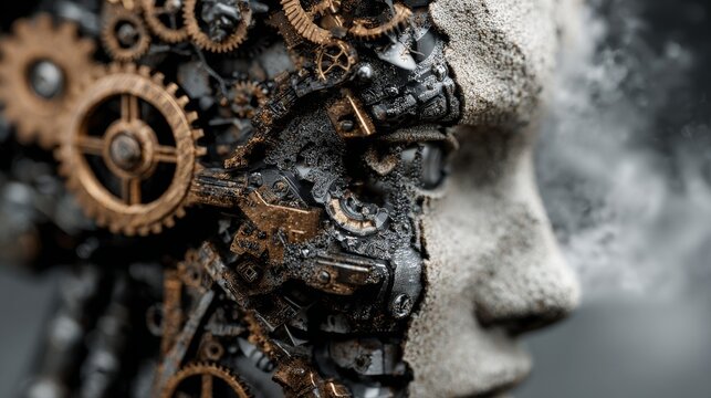 A cyborg-like face, partially mechanical with gears and metal, merging with a textured human side, emitting steam