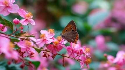 A butterfly sitting on a soft pink blossom in a garden, surrounded by delicate flowers and bright greenery.