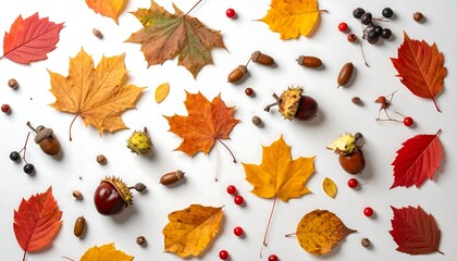 Autumnal Still Life - Colorful Leaves, Berries, and Acorns on White.