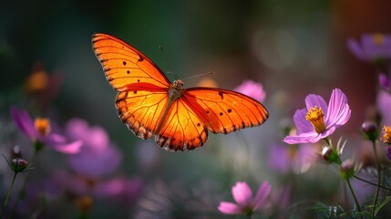 Obraz premium A butterfly with vibrant orange wings hovering over a flower, with its wings blurred in motion as it collects nectar.